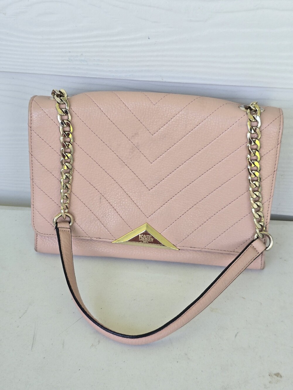 Karl Lagerfeld Paris Pink Quilted Leather Shoulder Crossbody Bag Gold Chain